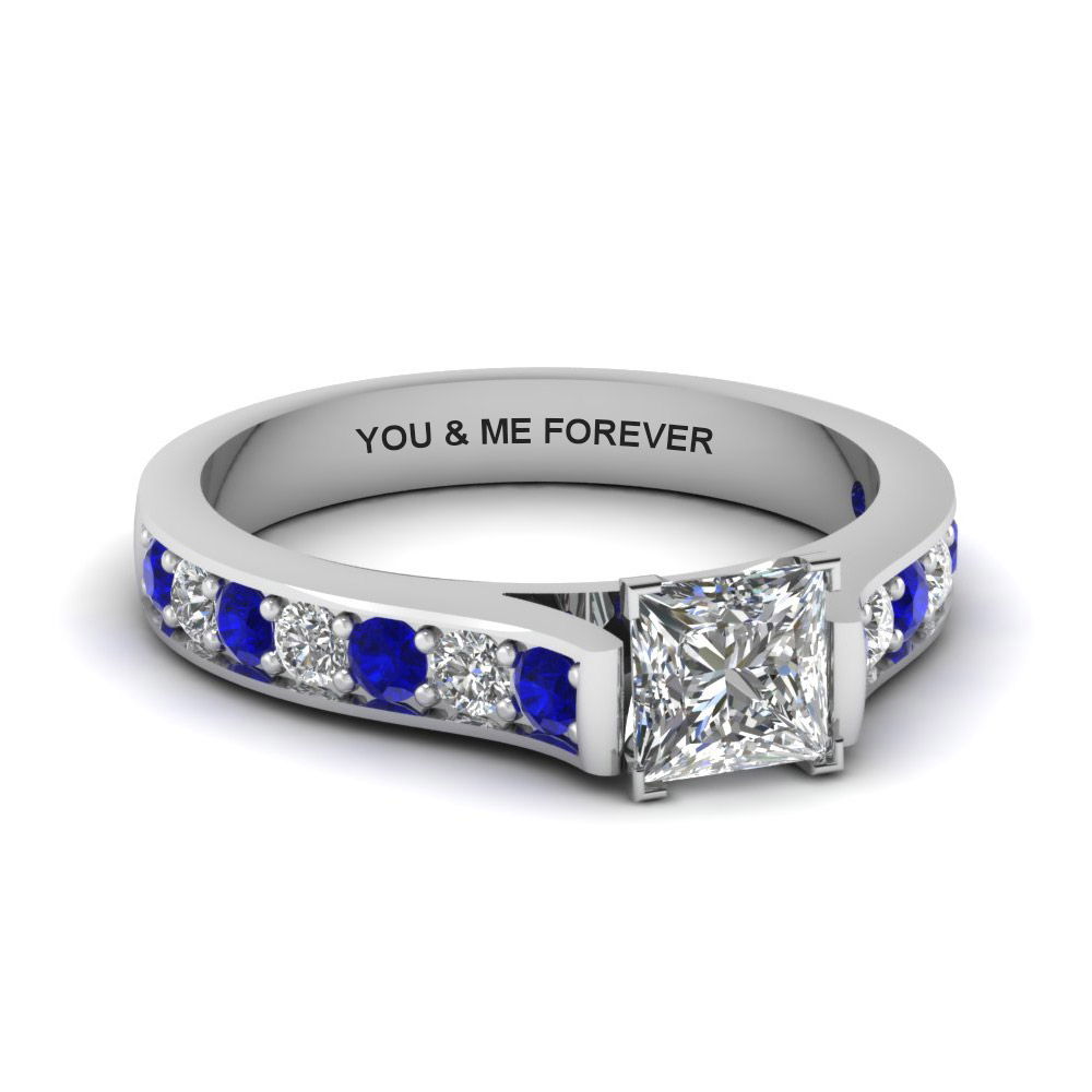 Princess Shaped Personalized Pave Accent Diamond Ring with Blue Sapphire in 14K White Gold