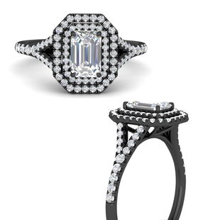 Split Shank Emerald Cut Halo Black Engagement Ring