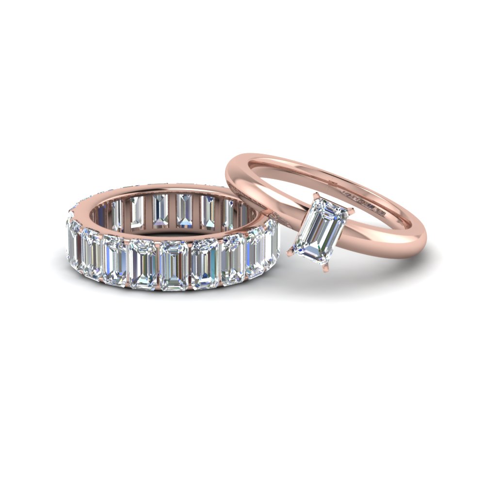 Emerald Shaped Emerald Solitaire Ring With Eternity Band with White Diamond in 14K Rose Gold