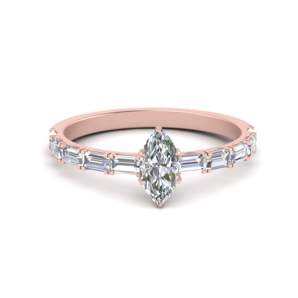Horizontal Baguette Pear Shaped diamond Ring With Emerald In 14K Rose Gold  | Fascinating Diamonds