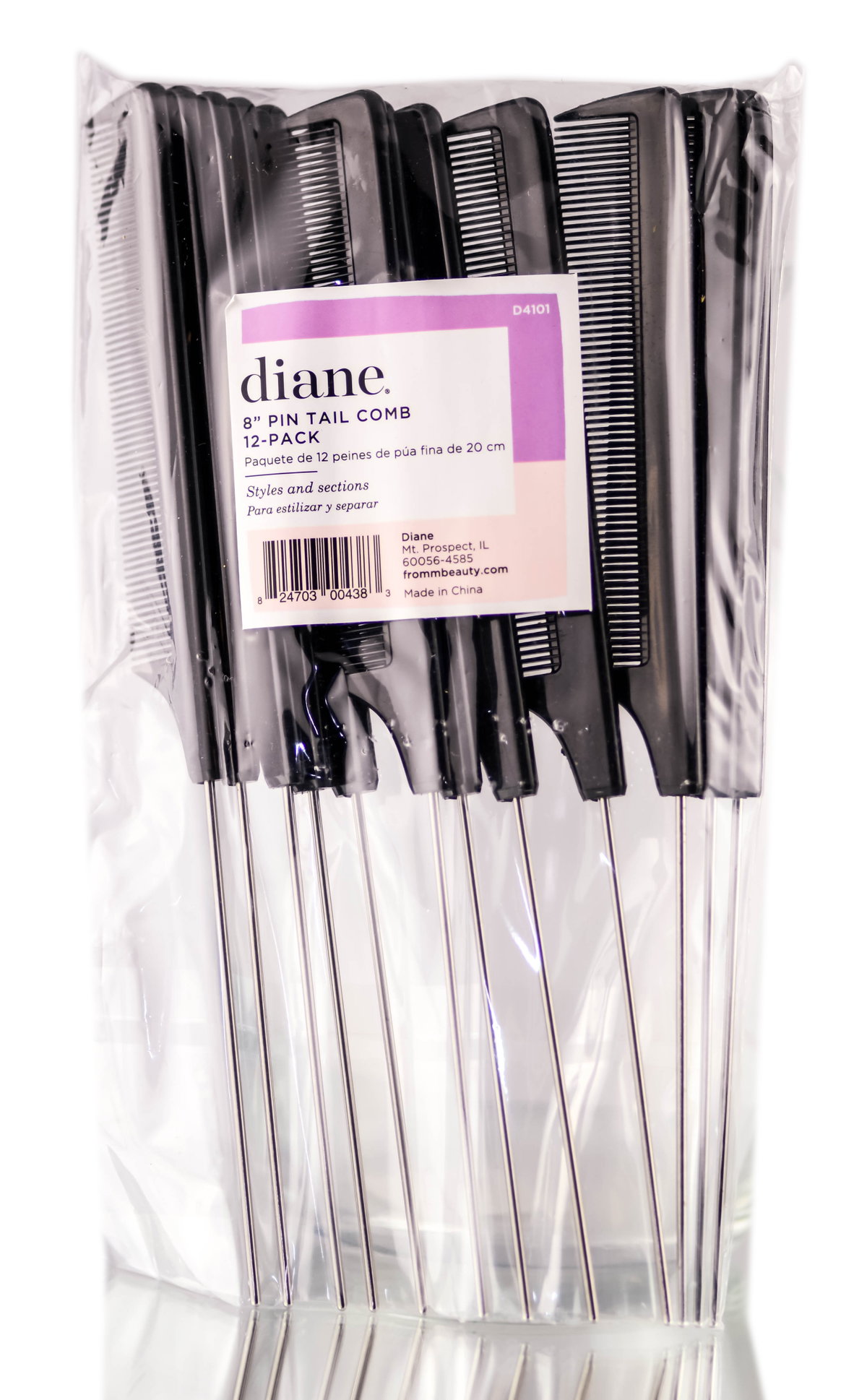dia119-black - Diane Pin Tail Comb 8'' (12 PC)-image1