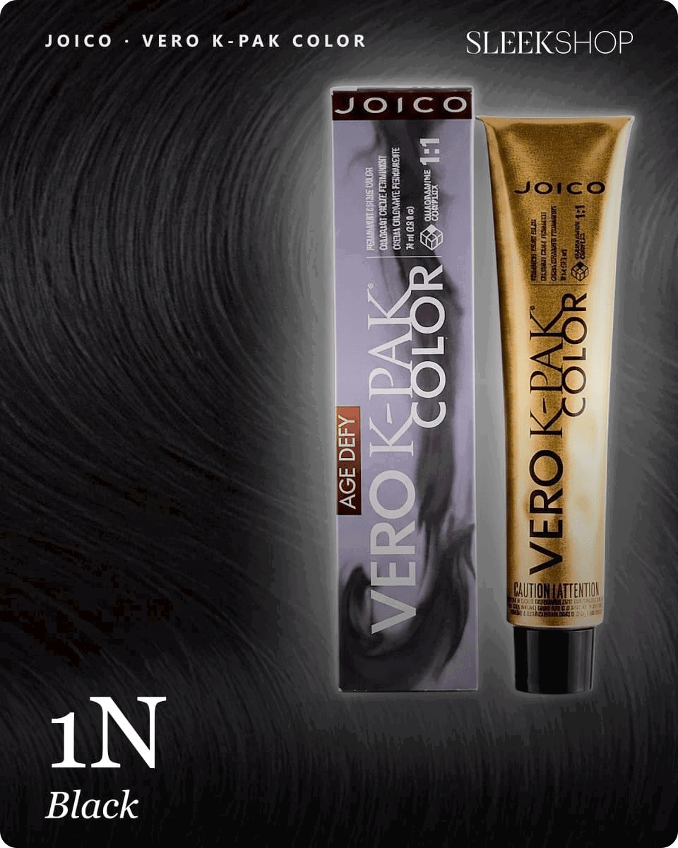 joico vero k pak color 1n black hair color -- shade swatch with product packaging