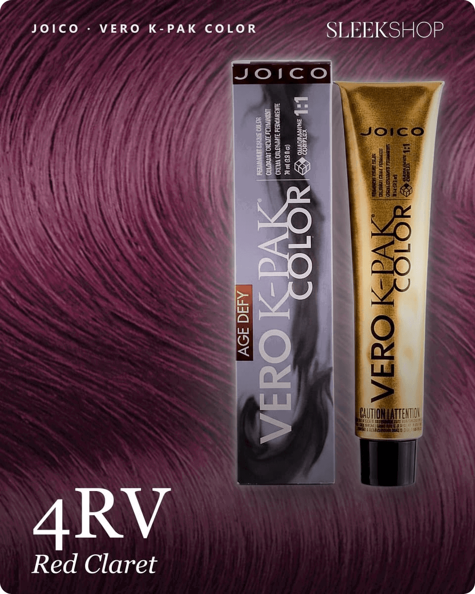 joico vero k pak color 4rv red claret hair color -- shade swatch with product packaging joico vero k pak color 4rv red claret hair color -- shade swatch with product packaging