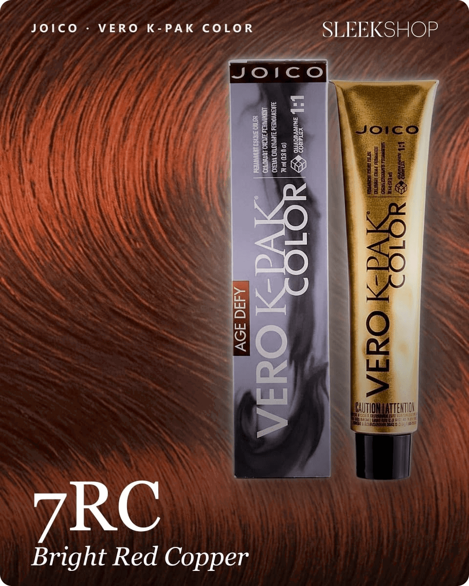 joico vero k pak color 7rc bright red copper hair color -- shade swatch with product packaging joico vero k pak color 7rc bright red copper hair color -- shade swatch with product packaging