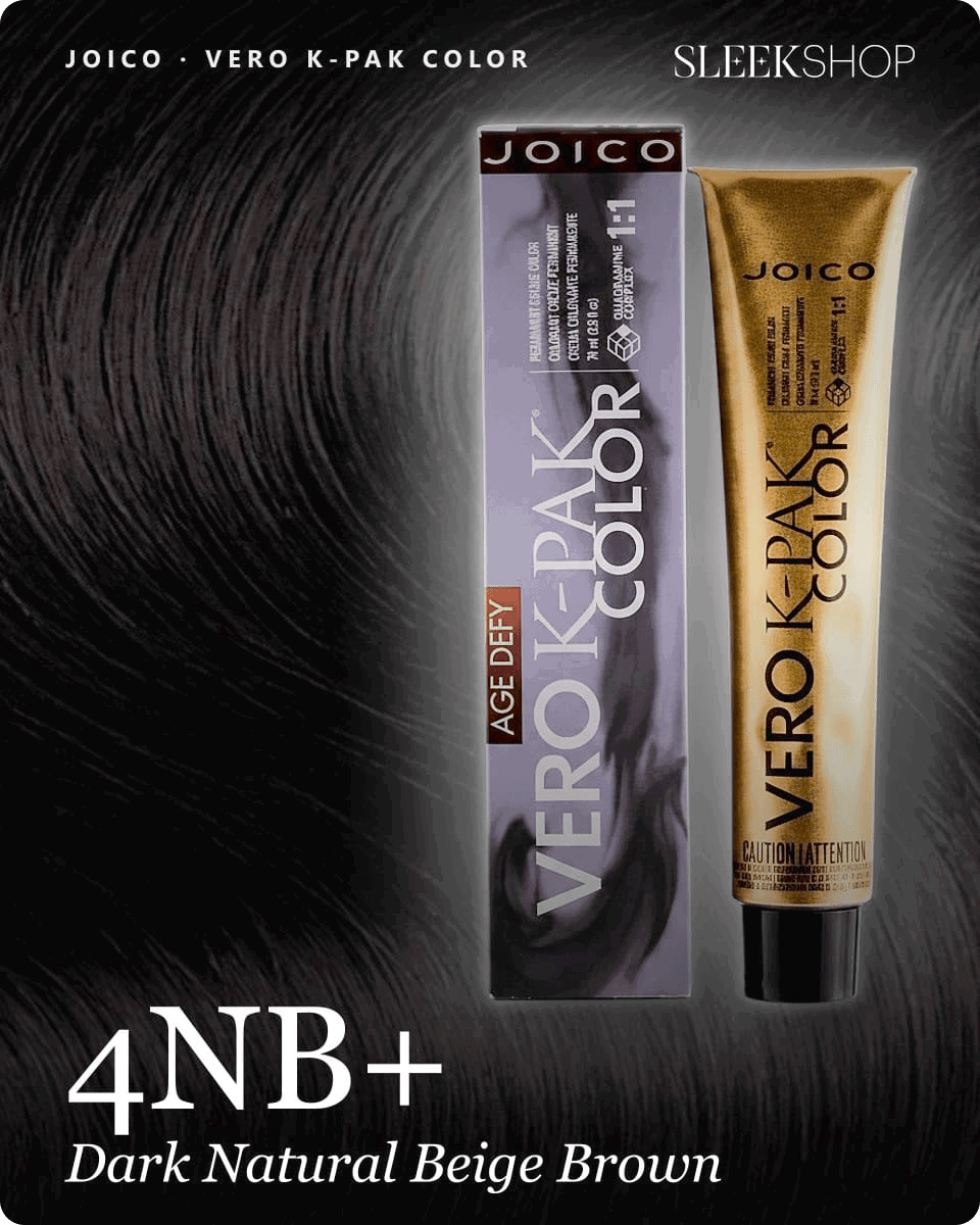 joico vero k pak color 4nb dark natural beige brown hair color -- shade swatch with product packaging