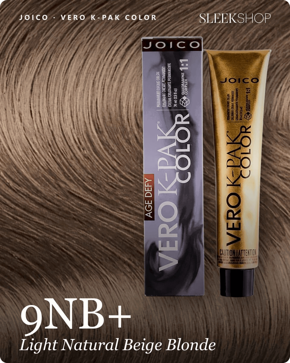 joico vero k pak color 9nb light natural beige blonde hair color -- shade swatch with product packaging
