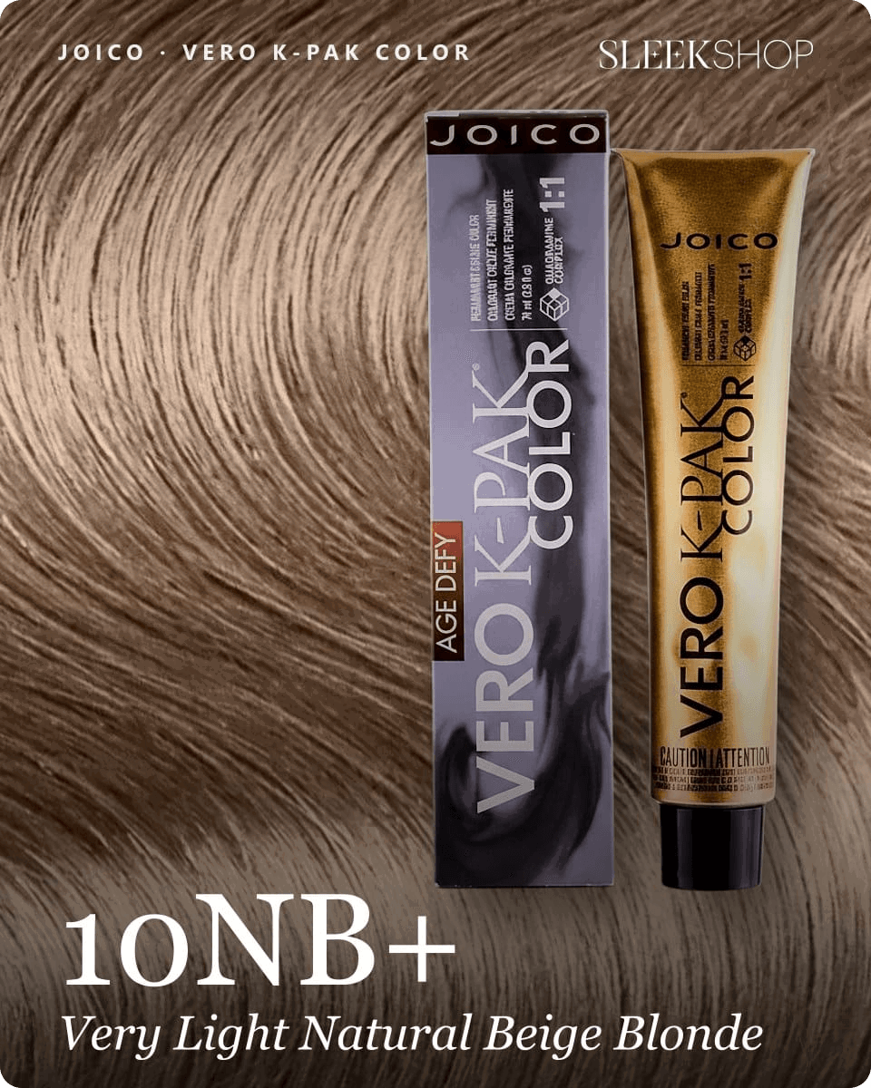 joico vero k pak color 10nb very light natural beige blonde hair color -- shade swatch with product packaging