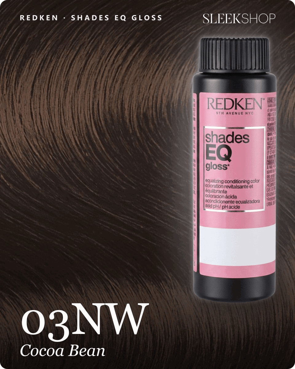 redken shades eq gloss 03nw cocoa bean hair color -- shade swatch with product packaging
