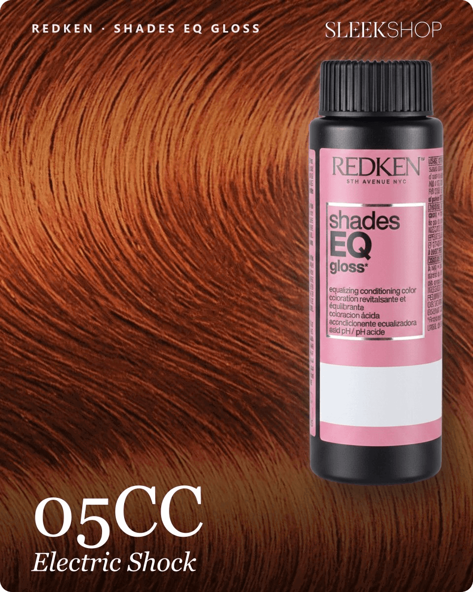 redken shades eq gloss 05cc electric shock hair color -- shade swatch with product packaging redken shades eq gloss 05cc electric shock hair color -- shade swatch with product packaging
