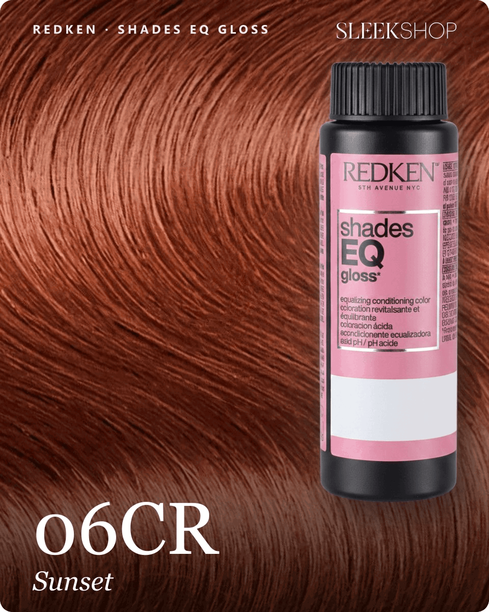 redken shades eq gloss 06cr sunset hair color -- shade swatch with product packaging