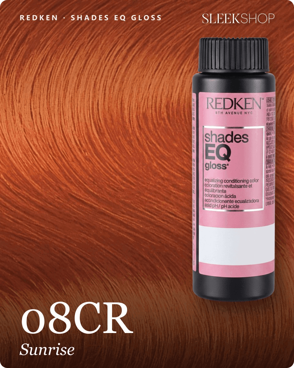 redken shades eq gloss 08cr sunrise hair color -- shade swatch with product packaging