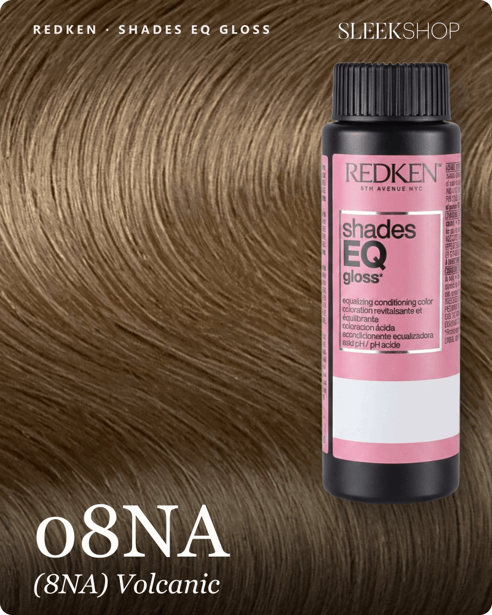 redken shades eq gloss 08na 8na volcanic hair color -- shade swatch with product packaging redken shades eq gloss 08na 8na volcanic hair color -- shade swatch with product packaging