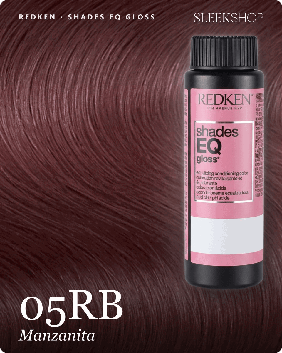 redken shades eq gloss 05rb manzanita hair color -- shade swatch with product packaging redken shades eq gloss 05rb manzanita hair color -- shade swatch with product packaging