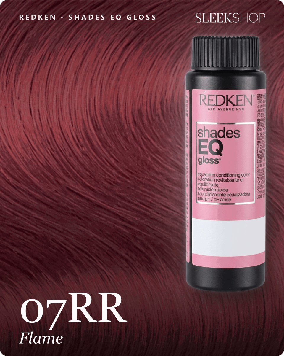 redken shades eq gloss 07rr flame hair color -- shade swatch with product packaging redken shades eq gloss 07rr flame hair color -- shade swatch with product packaging