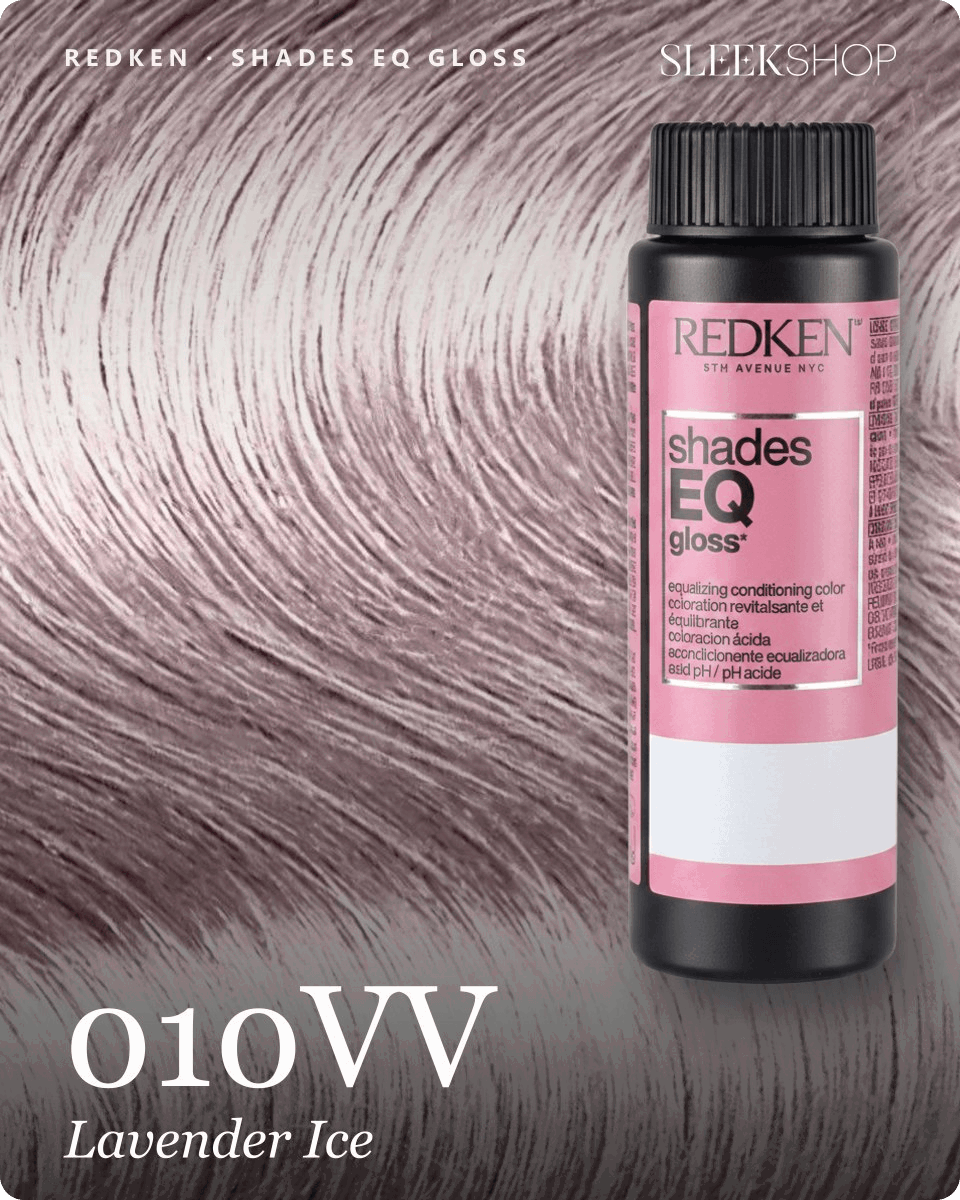 redken shades eq gloss 010vv lavender ice hair color -- shade swatch with product packaging redken shades eq gloss 010vv lavender ice hair color -- shade swatch with product packaging