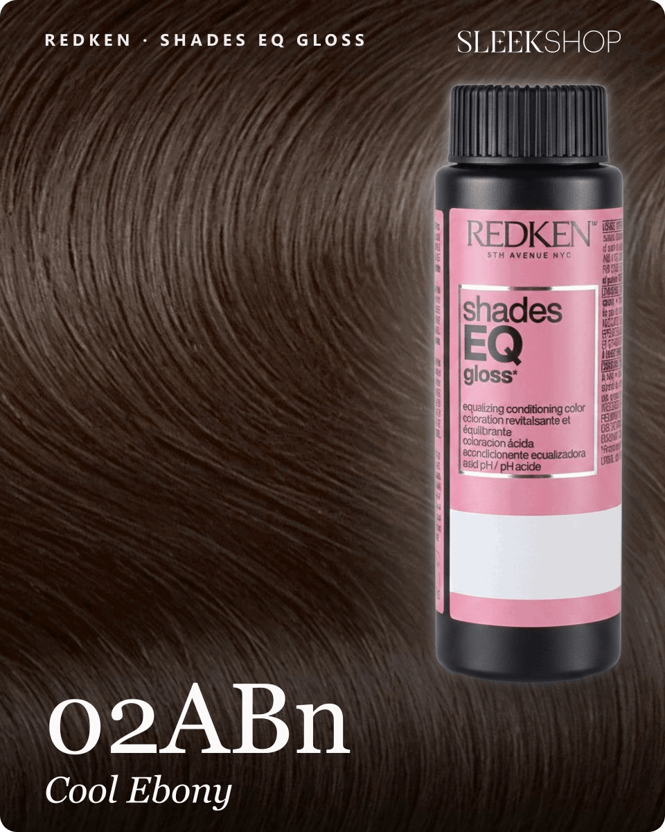 redken shades eq gloss 02abn cool ebony hair color -- shade swatch with product packaging redken shades eq gloss 02abn cool ebony hair color -- shade swatch with product packaging