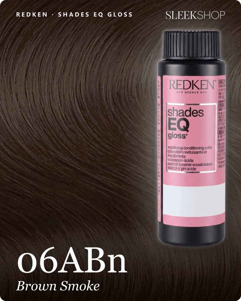 redken shades eq gloss 06abn brown smoke hair color -- shade swatch with product packaging redken shades eq gloss 06abn brown smoke hair color -- shade swatch with product packaging