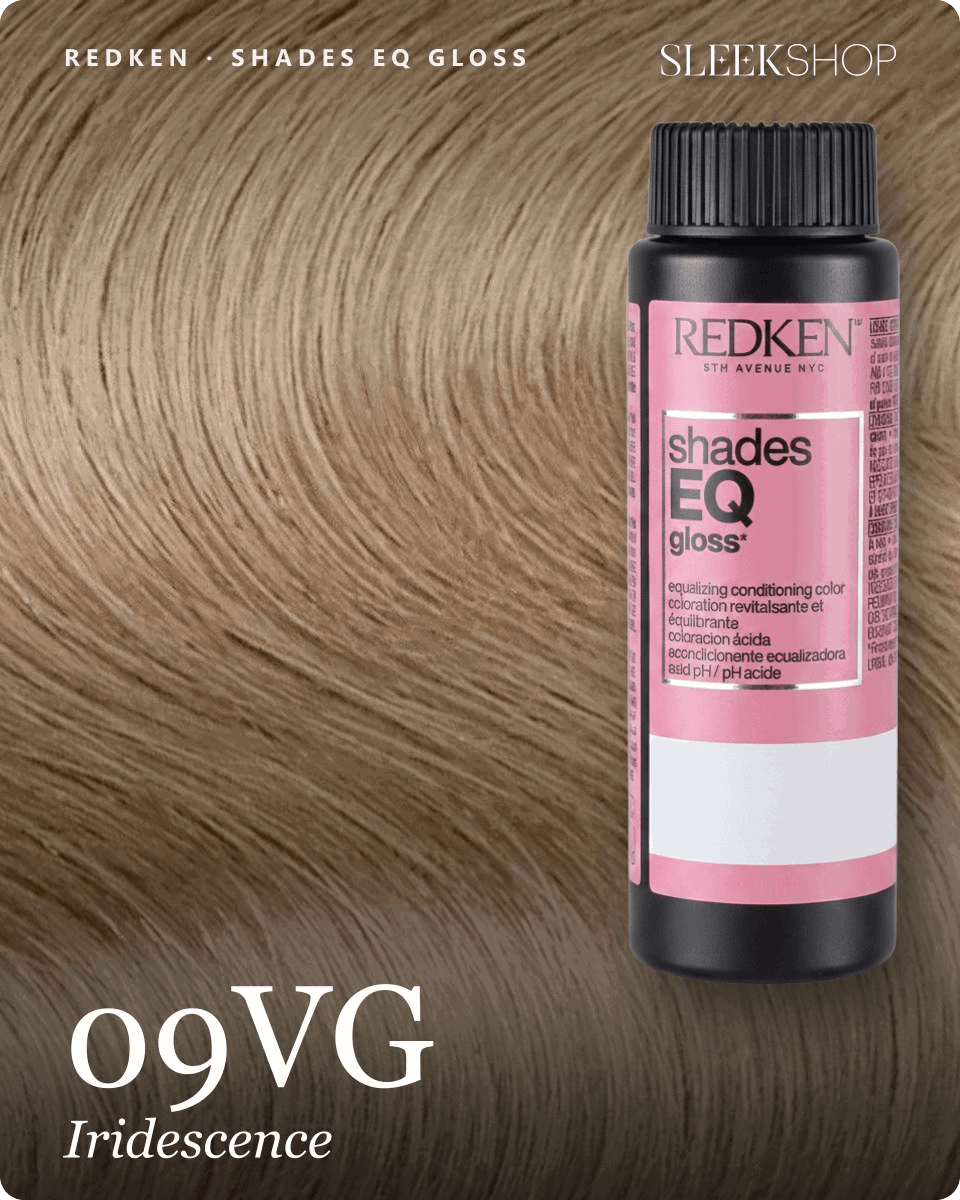 redken shades eq gloss 09vg iridescence hair color -- shade swatch with product packaging