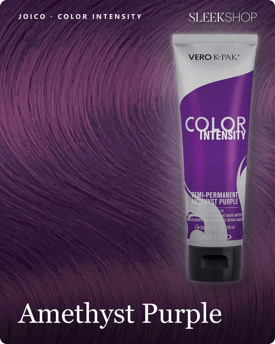 joico color intensity amethyst purple hair color -- shade swatch with product packaging joico color intensity amethyst purple hair color -- shade swatch with product packaging