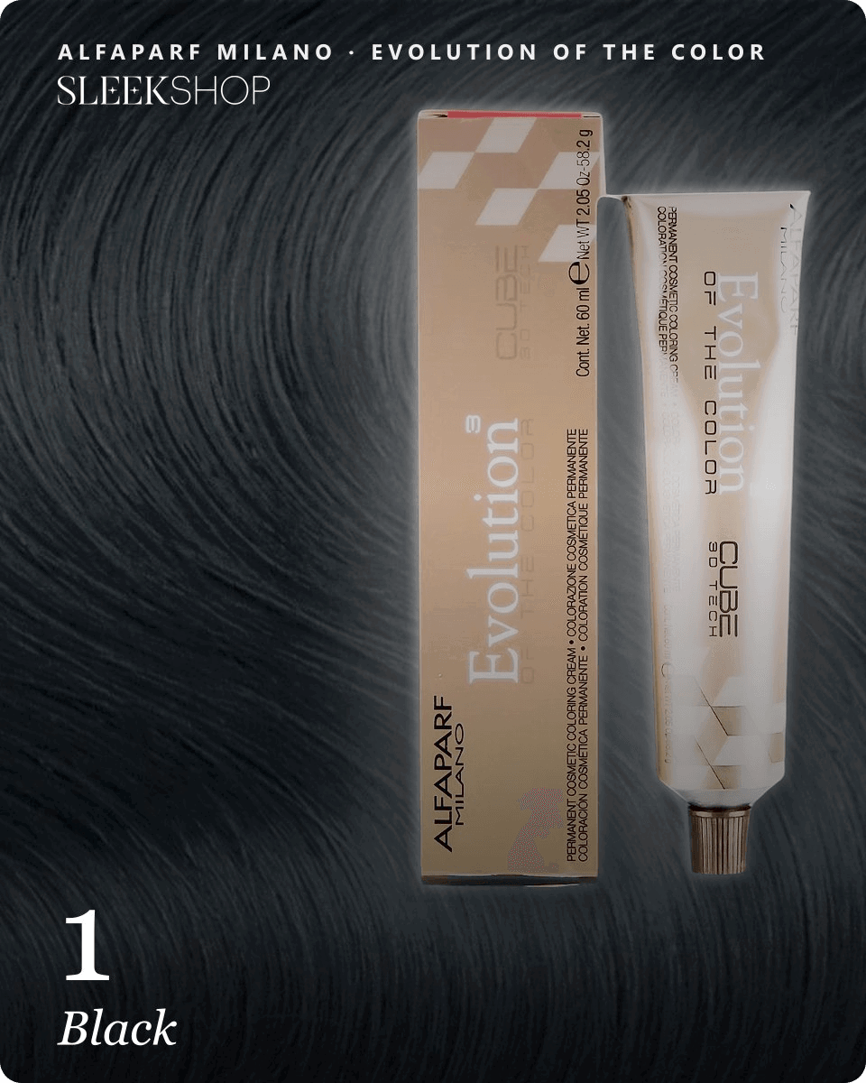 alfaparf milano evolution of the color 1 black hair color -- shade swatch with product packaging