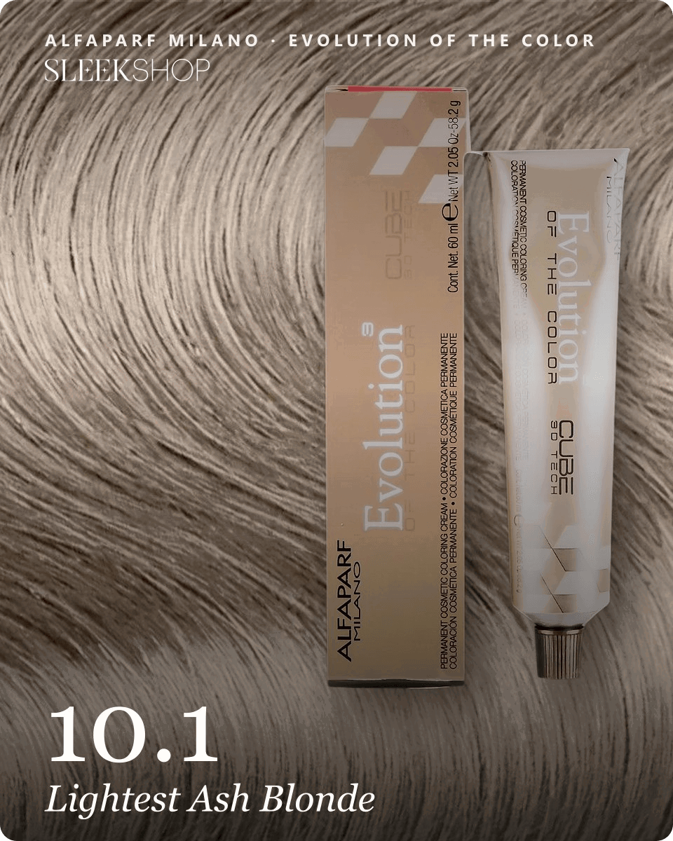 alfaparf milano evolution of the color 10.1 lightest ash blonde hair color -- shade swatch with product packaging alfaparf milano evolution of the color 10.1 lightest ash blonde hair color -- shade swatch with product packaging