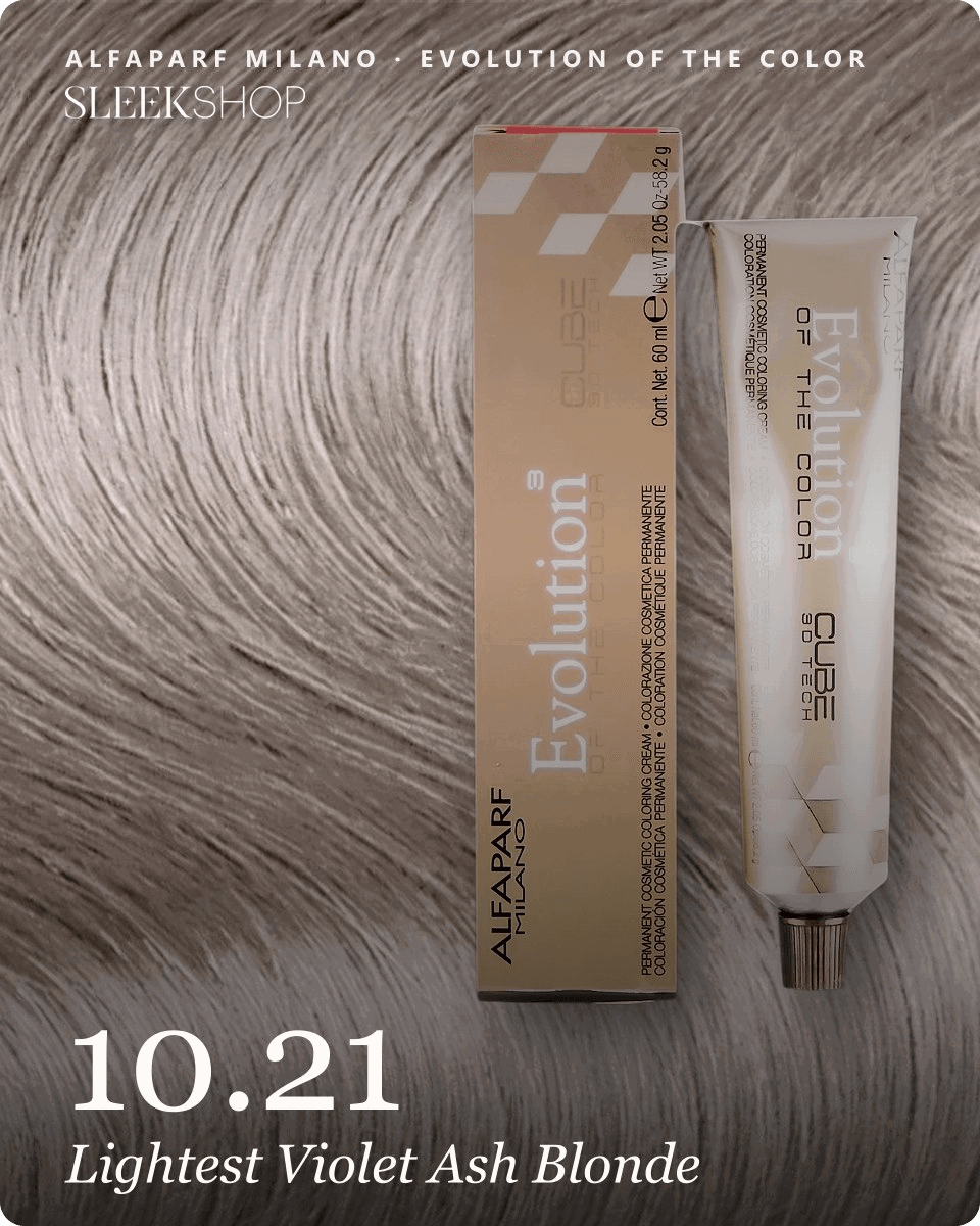 alfaparf milano evolution of the color 10.21 lightest violet ash blonde hair color -- shade swatch with product packaging alfaparf milano evolution of the color 10.21 lightest violet ash blonde hair color -- shade swatch with product packaging