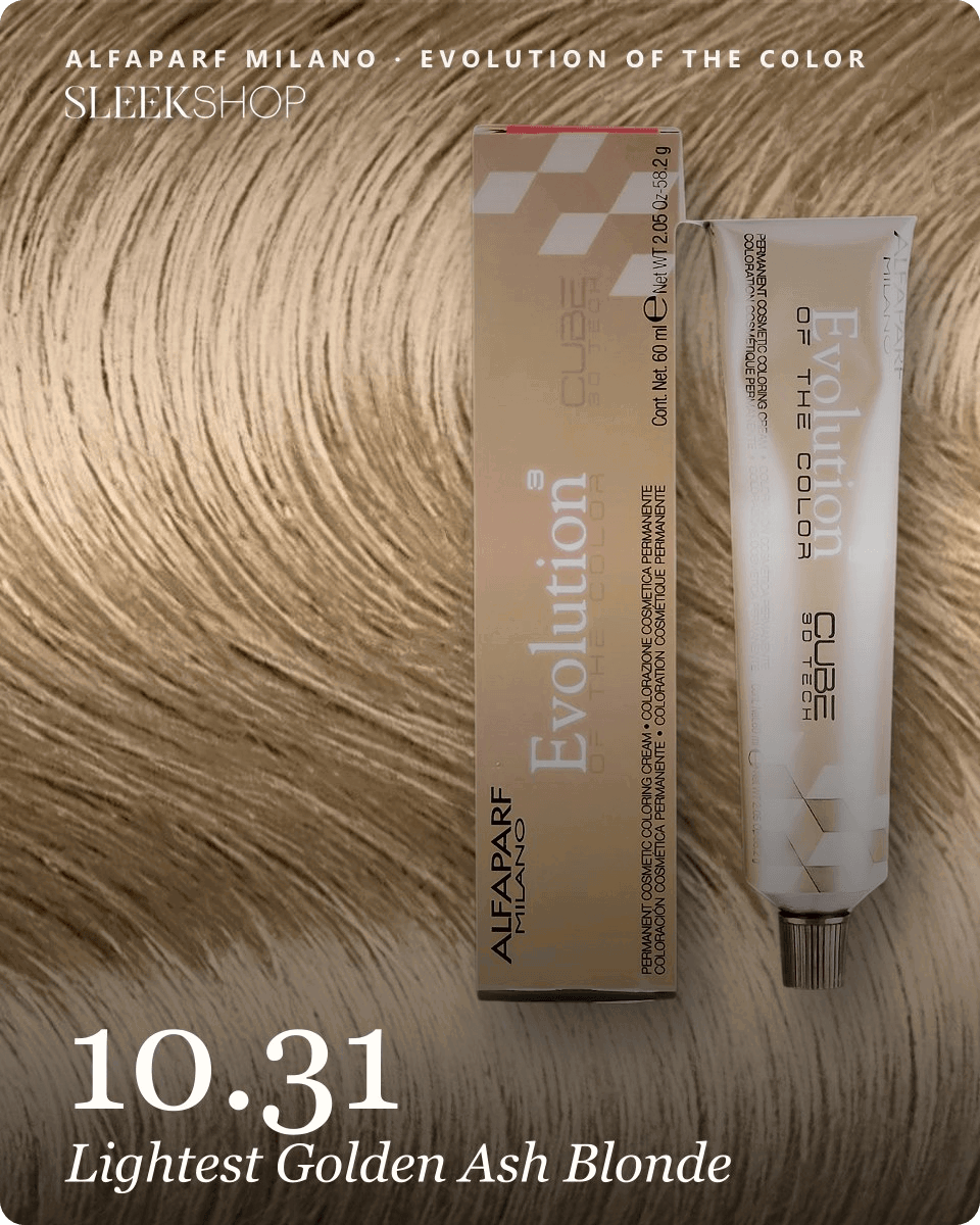 alfaparf milano evolution of the color 10.31 lightest golden ash blonde hair color -- shade swatch with product packaging
