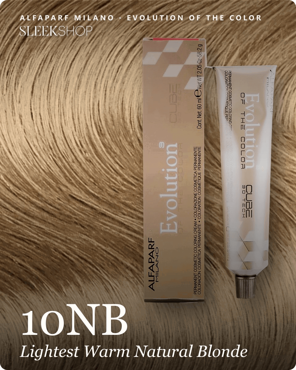 alfaparf milano evolution of the color 10nb lightest warm natural blonde hair color -- shade swatch with product packaging