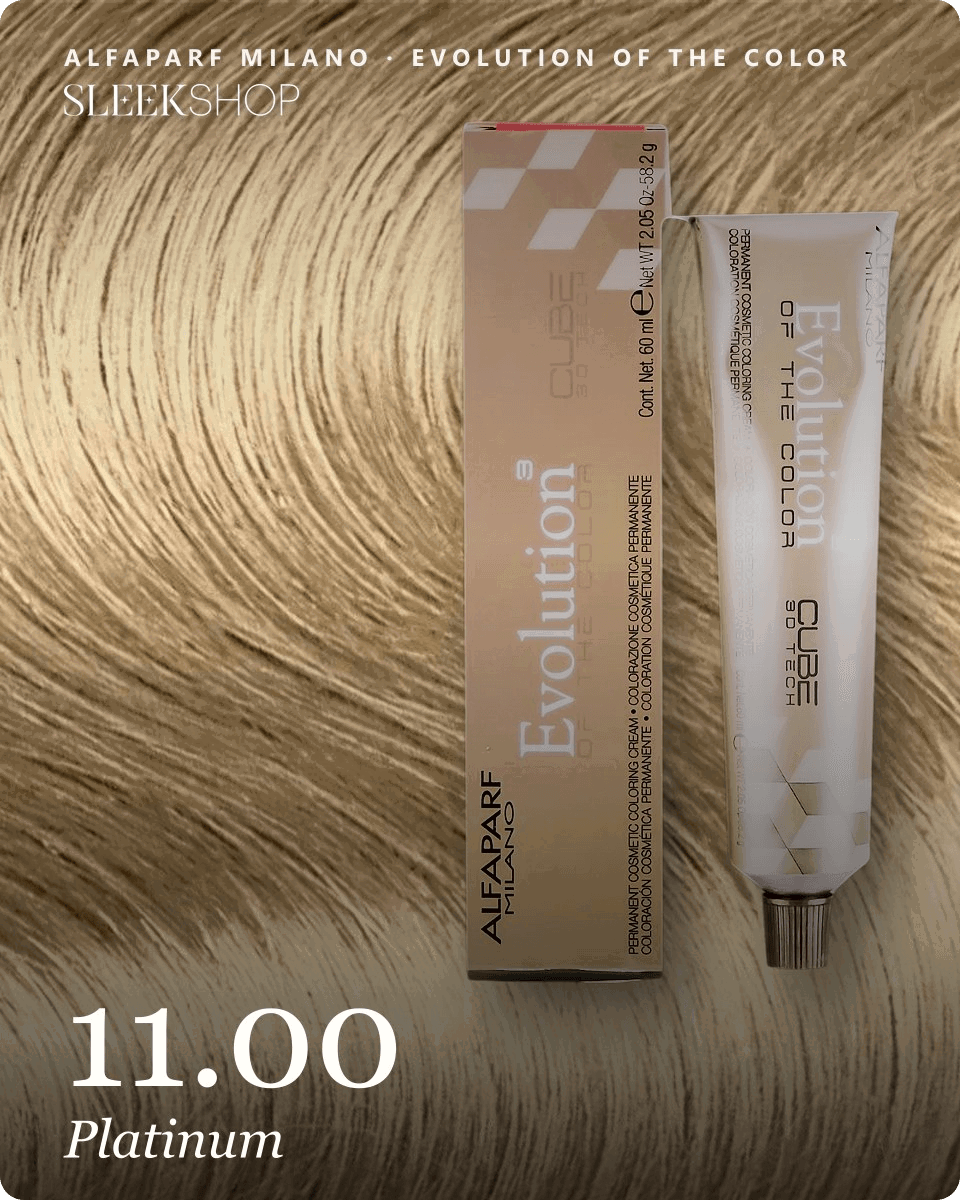 alfaparf milano evolution of the color 11.00 platinum hair color -- shade swatch with product packaging alfaparf milano evolution of the color 11.00 platinum hair color -- shade swatch with product packaging