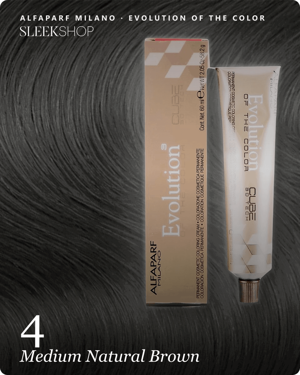 alfaparf milano evolution of the color 4 medium natural brown hair color -- shade swatch with product packaging