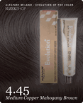 alfaparf milano evolution of the color 4.45 medium copper mahogany brown hair color -- shade swatch with product packaging alfaparf milano evolution of the color 4.45 medium copper mahogany brown hair color -- shade swatch with product packaging