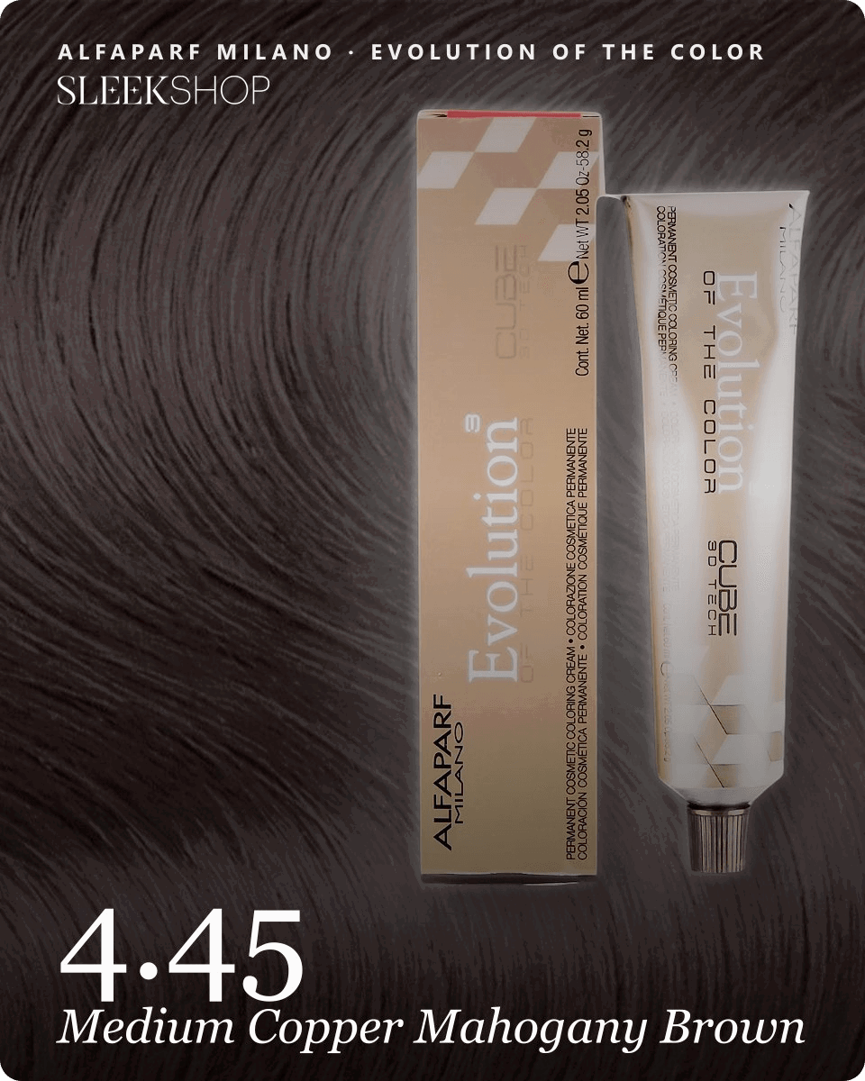 alfaparf milano evolution of the color 4.45 medium copper mahogany brown hair color -- shade swatch with product packaging alfaparf milano evolution of the color 4.45 medium copper mahogany brown hair color -- shade swatch with product packaging