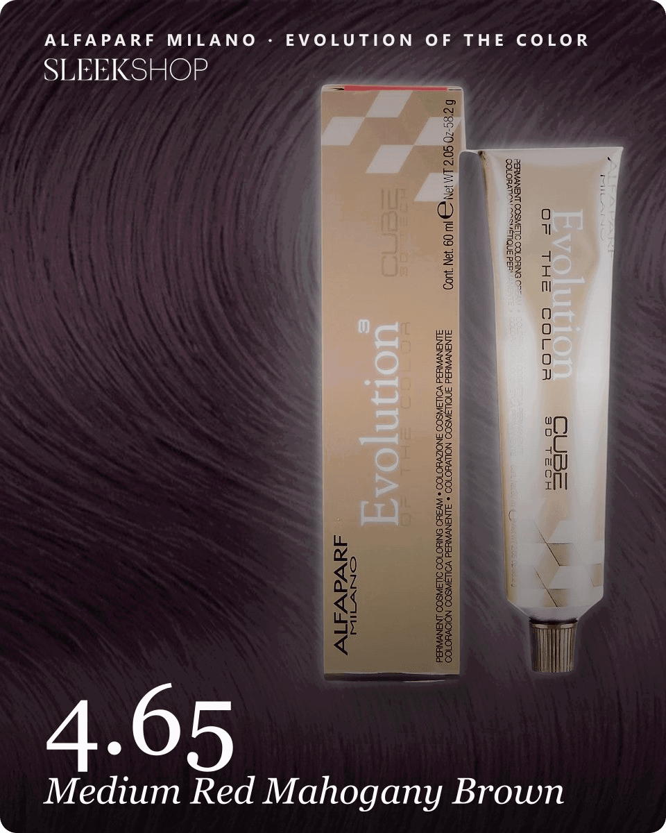 alfaparf milano evolution of the color 4.65 medium red mahogany brown hair color -- shade swatch with product packaging