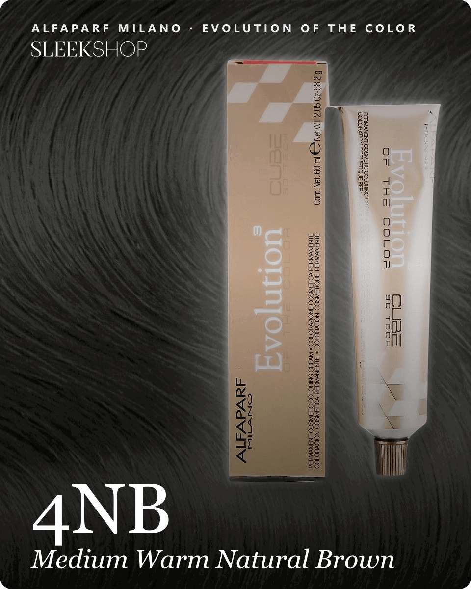 alfaparf milano evolution of the color 4nb medium warm natural brown hair color -- shade swatch with product packaging
