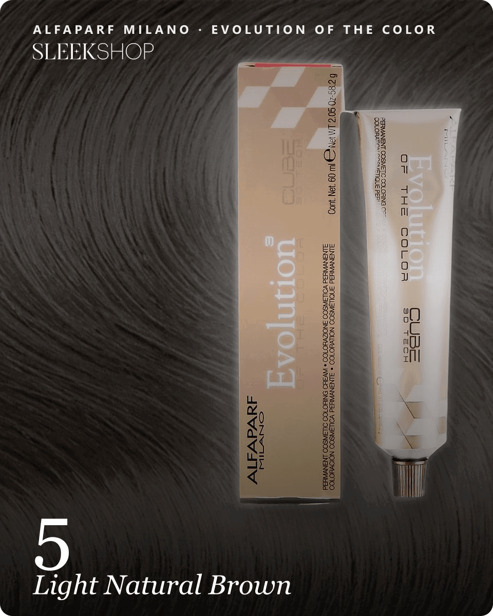 alfaparf milano evolution of the color 5 light natural brown hair color -- shade swatch with product packaging alfaparf milano evolution of the color 5 light natural brown hair color -- shade swatch with product packaging