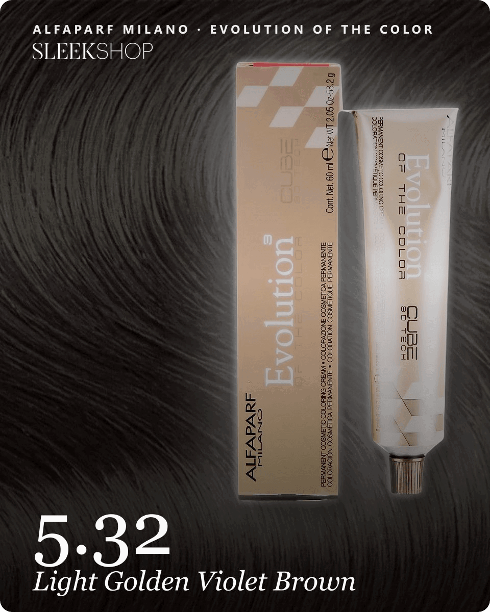 alfaparf milano evolution of the color 5.32 light golden violet brown hair color -- shade swatch with product packaging