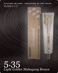 alfaparf milano evolution of the color 5.35 light golden mahogany brown hair color -- shade swatch with product packaging alfaparf milano evolution of the color 5.35 light golden mahogany brown hair color -- shade swatch with product packaging