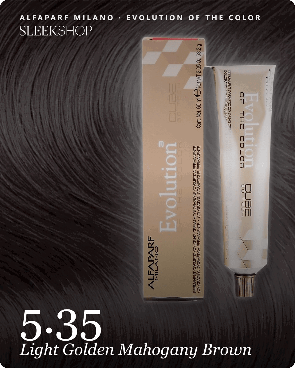 alfaparf milano evolution of the color 5.35 light golden mahogany brown hair color -- shade swatch with product packaging alfaparf milano evolution of the color 5.35 light golden mahogany brown hair color -- shade swatch with product packaging