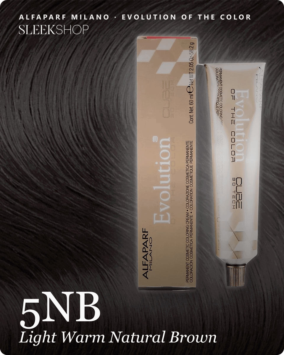 alfaparf milano evolution of the color 5nb light warm natural brown hair color -- shade swatch with product packaging