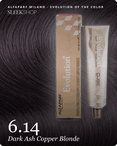 alfaparf milano evolution of the color 6.14 dark ash copper blonde hair color -- shade swatch with product packaging alfaparf milano evolution of the color 6.14 dark ash copper blonde hair color -- shade swatch with product packaging