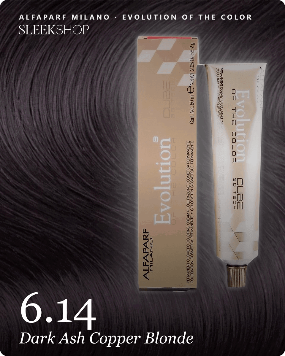 alfaparf milano evolution of the color 6.14 dark ash copper blonde hair color -- shade swatch with product packaging alfaparf milano evolution of the color 6.14 dark ash copper blonde hair color -- shade swatch with product packaging