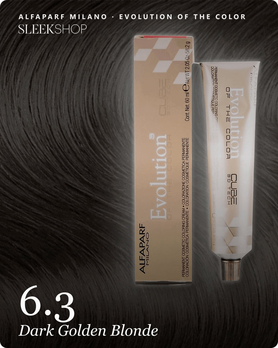alfaparf milano evolution of the color 6.3 dark golden blonde hair color -- shade swatch with product packaging alfaparf milano evolution of the color 6.3 dark golden blonde hair color -- shade swatch with product packaging
