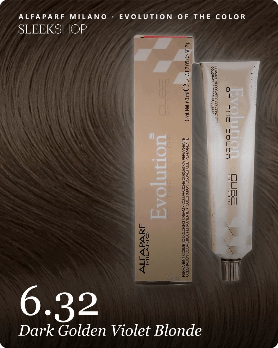 alfaparf milano evolution of the color 6.32 dark golden violet blonde hair color -- shade swatch with product packaging alfaparf milano evolution of the color 6.32 dark golden violet blonde hair color -- shade swatch with product packaging
