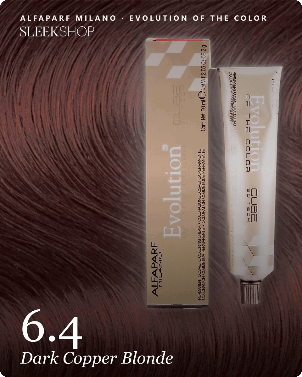 alfaparf milano evolution of the color 6.4 dark copper blonde hair color -- shade swatch with product packaging