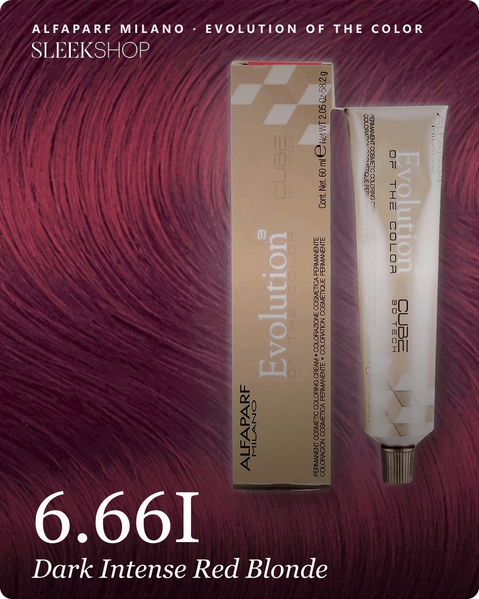 alfaparf milano evolution of the color 6.66i dark intense red blonde hair color -- shade swatch with product packaging
