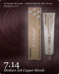 alfaparf milano evolution of the color 7.14 medium ash copper blonde hair color -- shade swatch with product packaging