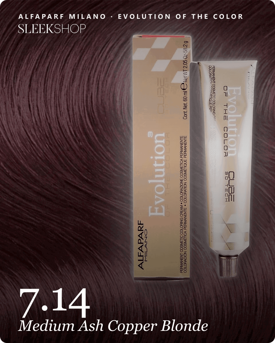 alfaparf milano evolution of the color 7.14 medium ash copper blonde hair color -- shade swatch with product packaging