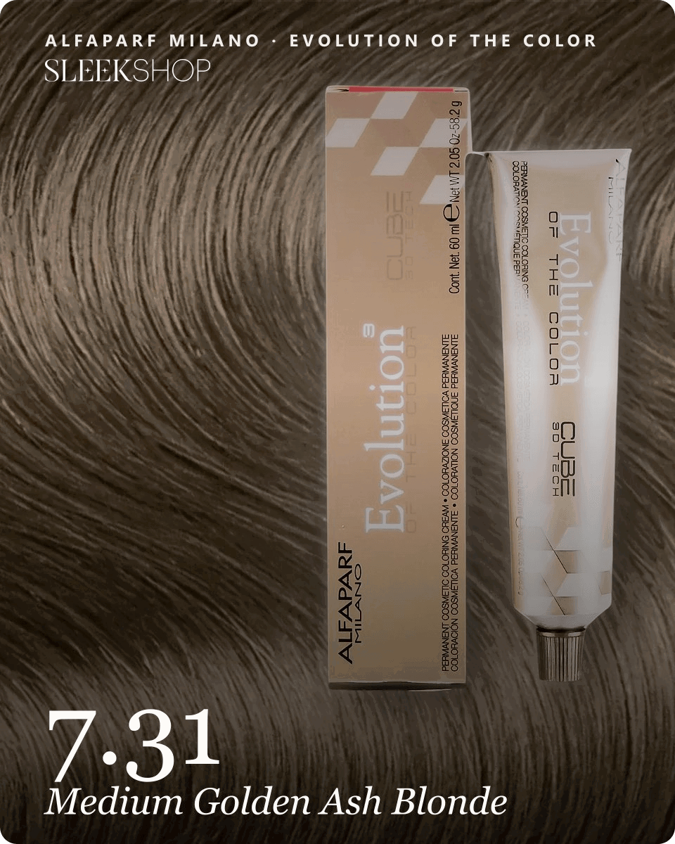alfaparf milano evolution of the color 7.31 medium golden ash blonde hair color -- shade swatch with product packaging alfaparf milano evolution of the color 7.31 medium golden ash blonde hair color -- shade swatch with product packaging