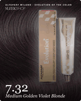 alfaparf milano evolution of the color 7.32 medium golden violet blonde hair color -- shade swatch with product packaging