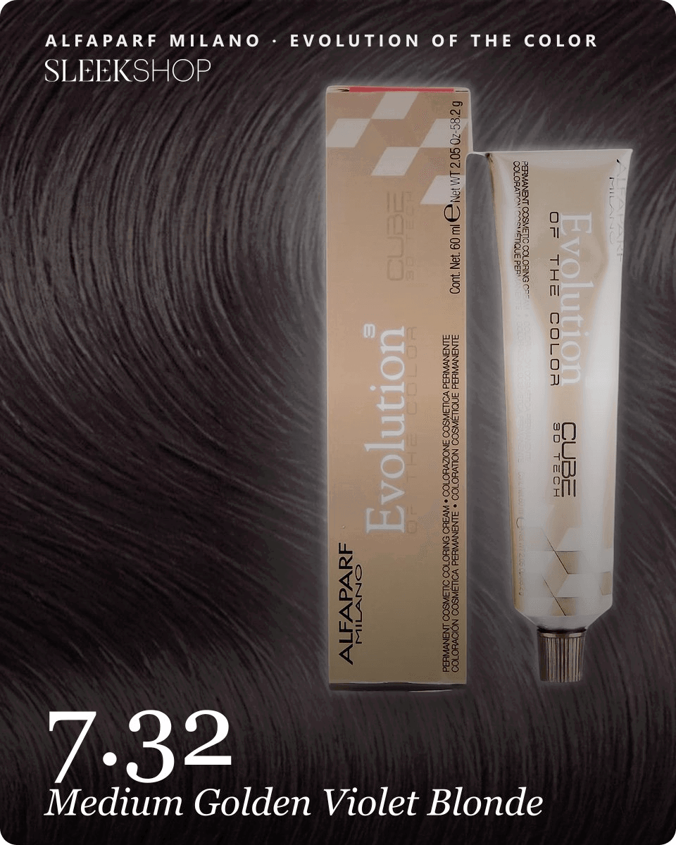 alfaparf milano evolution of the color 7.32 medium golden violet blonde hair color -- shade swatch with product packaging